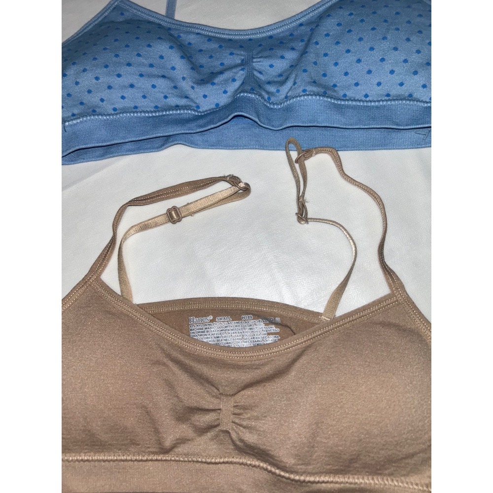 Hanes Womens Seamless Bralette Set 2 Pack Tan Blue Polka Dot Small H189
